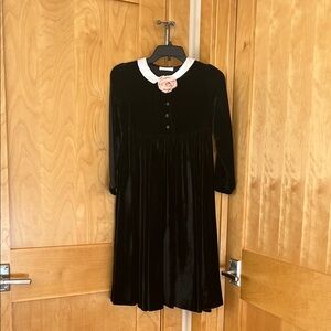 Charming Velvet Kids Dress with White Collar and Pink Flower